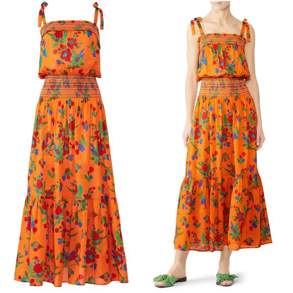 TORY BURCH NEW $448 Smocked Orange Green & Red Ruffle Floral Print Dress – Large - Picture 1 of 15